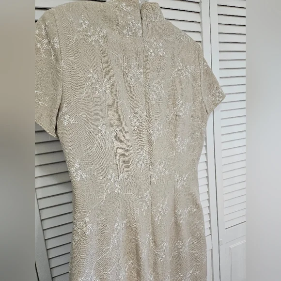 Elegant Tan Midi Dress with Floral Accents - Picture 10 of 12